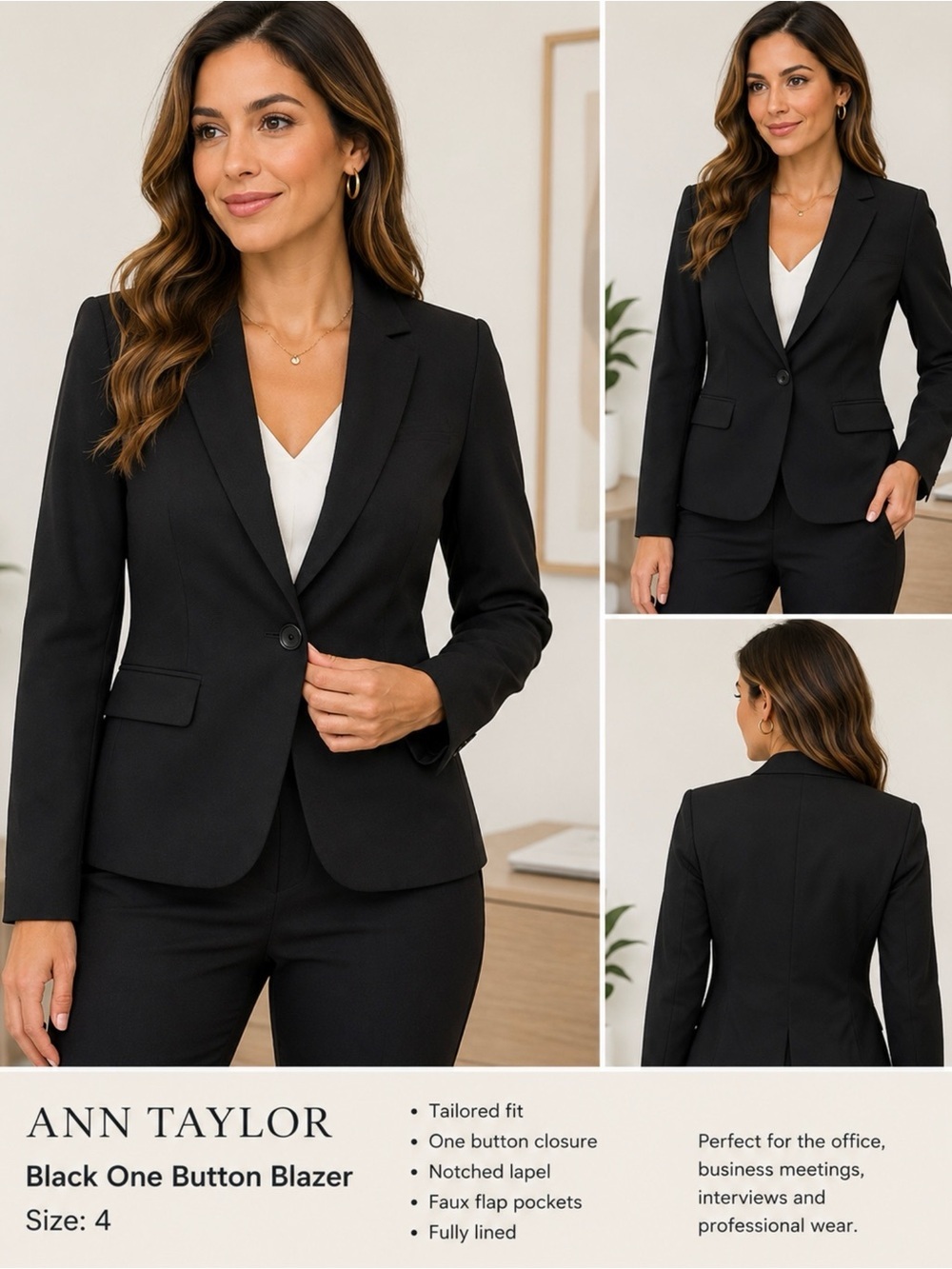 Ann Taylor Black One Button Career Blazer Jacket Women’s Size 4 Classic